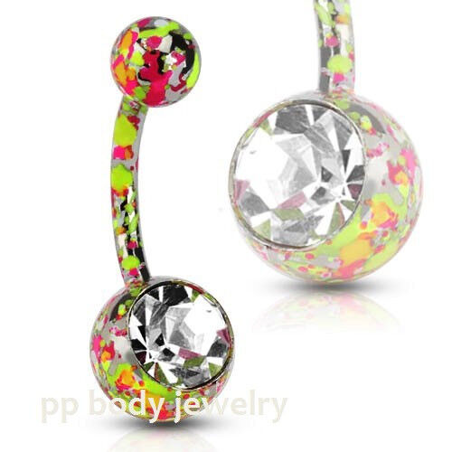 1pc. 14G~3/8&#034; Surgical Steel Pink and Yellow Paint Splatte Navel Ring witth CZ