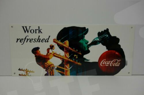 COCA COLA LINEMAN "WORK REFRESHED" DIE CUT STEEL ENAMEL SIGN 6" HIGH 14" WIDE. 
