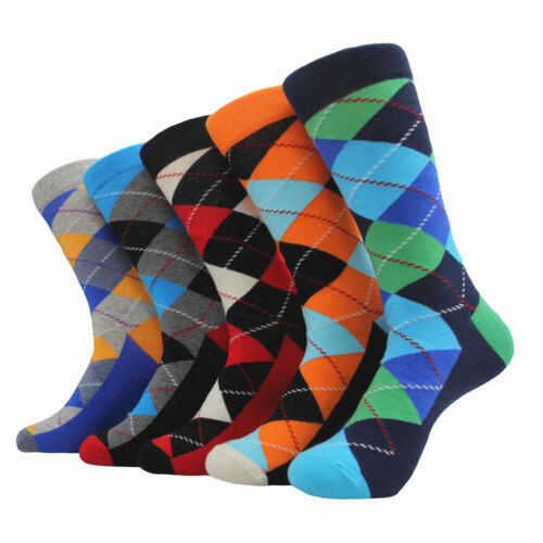 5 Pairs Mens Cotton Socks Lot Colorful Argyle Fashion Casual Long Socks Sox 9-12