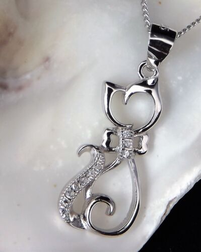Sterling Silver 925 Jewellery CZ Cat Pendant 16/18/20" Necklace Chain Gift 