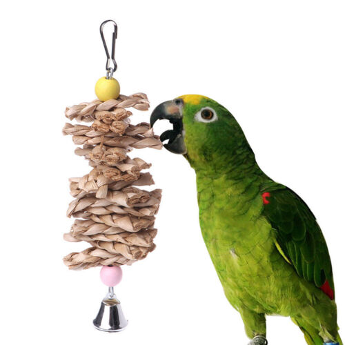 Parrot Bird Toys Natural Wooden Grass Chewing Bite Hanging Cage Bell Swing CliEC