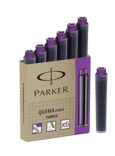 6 Unwashable Mini Purple Ink Cartridges in Carton Box Parker Quink S0767250