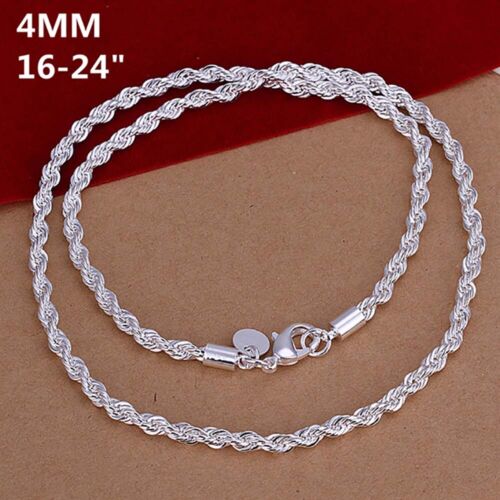 925 Sterling Solid Silver 4MM Twisted Rope Chain Necklace 16/" 24/" Mens Womens