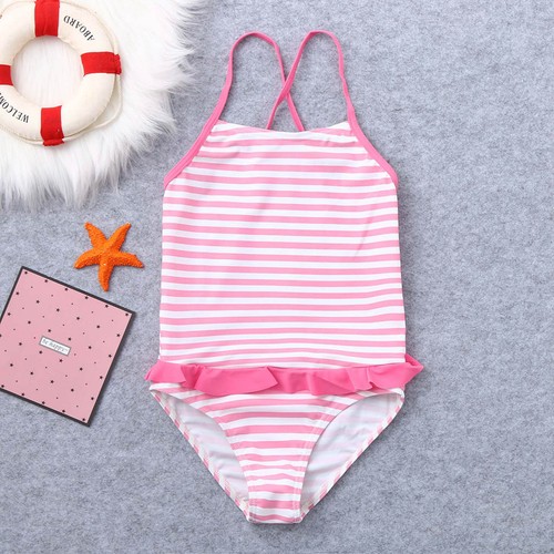 Kids Girls Ruffles Striped Print Summer Swimwear Swimsuit Vest Romper Jumpsuits