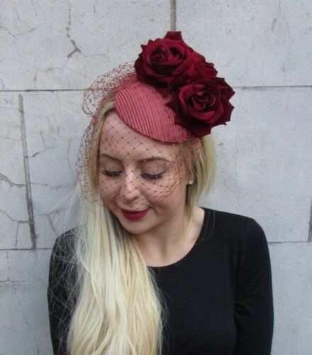 Burgundy Wine Red Rust Rose Birdcage Veil Flower Hair Fascinator Hat Races 6889
