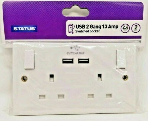 Double Electrical Switched Socket plug with 2 USB Charging Ports 