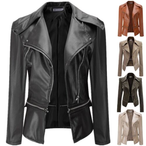 Womens Leather Jacket Biker Motorcycle Aviator Zip Retro Plus Size Outerwear Top