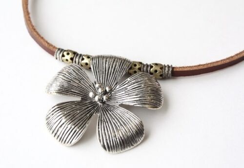 NEW Leather Tibetan Silver Flower Pendant Charm Necklace Choker Tribal Vintage 