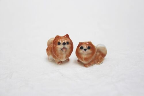Miniature Adorable 2 Puppy Pomeranian Dog Animal Figurine Ceramic Collectibles