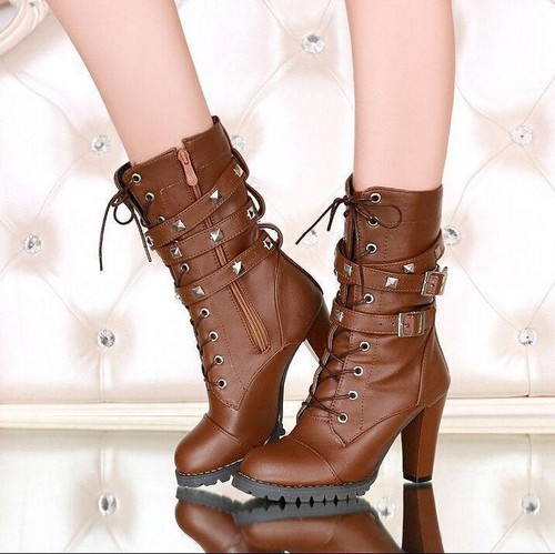 Gothic Buckle Lace Up Shoe Zip Boots Womens Studded High Heel Mid Calf Rivet T1