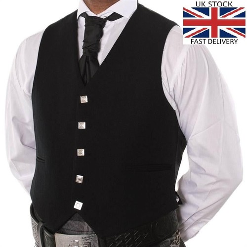 100/% LANA 5 Bottoni Nero Gilet Scozzese Principe Charlie a rombi Kilt//nozze.