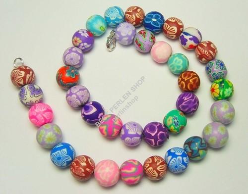 35 FIMOKETTE FIMO PERLEN KETTE POLYMER CLAY RUND 12mm MISCHFARBEN HALSKETTE R125