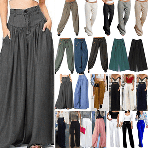 Women Ladies Cotton Plain Flared Wide Leg Pants leggings BaggyTrousers Plus Size