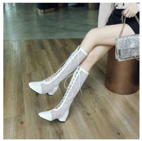 Women Sandals Gladiator Knee High Block Heel Hollow out Lace Up Mesh Party Boots