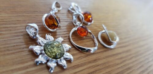 WHOLESALE JOB LOT 5 Baltic Amber & 925 Solid Sterling Sterling Silver PENDANTS 