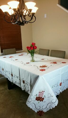 72x144" Large Holiday Christmas Party Embroidery Poinsettia Tablecloth 12 Napkin 