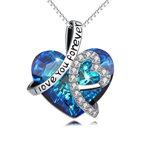 I Love You Forever Heart Crystals Pendant Necklace Valentine Day Mother Gift JA