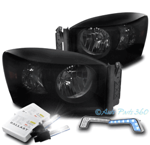 06-08 DODGE RAM 1500 2500 3500 BLACK//SMOKE HEADLIGHTS W//BLUE DRL LED KIT+6K HID