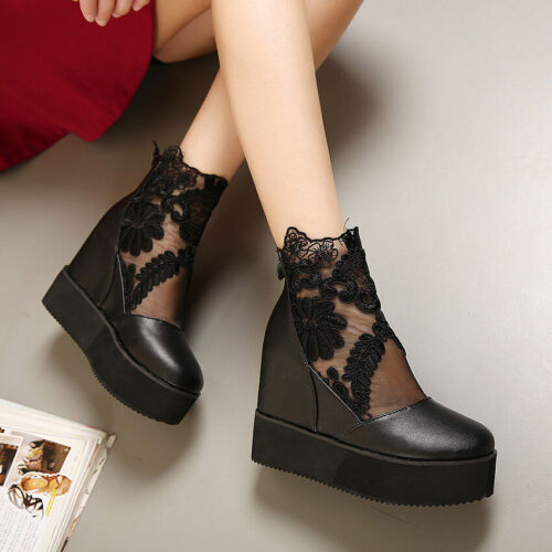 Details about   Womens High Hidden Heels Platform Round Toe Lace Ankle Boots Muffins Shoes SIZE 