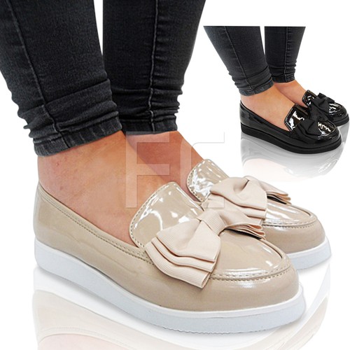 New Ladies Low Flat Loafers Bow School Work Dolly Smart Escarpins Shoes Office Size