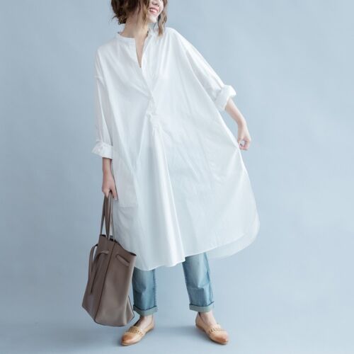 Fashion Women Cotton Long Shirt Dress White Blouse Casual Baggy Loose Oversized