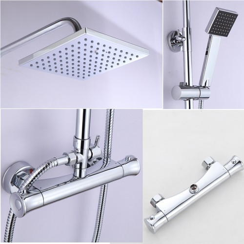 Thermostatic Bar Shower Mixer Square Chrome Bathroom Exposed Twin Head Valve Set