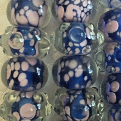 16 Handmade Lampwork Glass Rondelle Beads Crystal Blue Pink Bumpy Dots 14x10mm