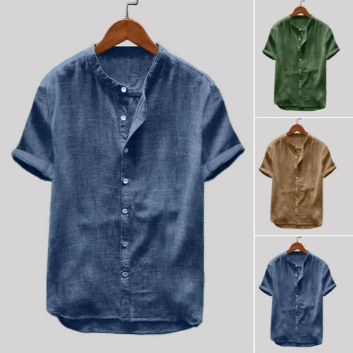 Men/'s Baggy Cotton Linen Solid Color Short Sleeve Retro T Shirts Tops Blouse UK
