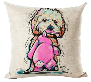 BICHON FRISE Cushion Cover Watercolour Dog Art Linen Animal Pillow 45cm Gift