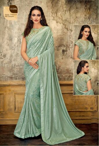 Indian SeaGreen Embroidery Border Bollywood Sari Silk Georgette Party Wear Saree