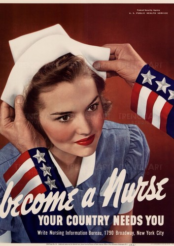 Set Poster WW2 Cadet Nurse Corps color print girl uniform vintage medical symbol