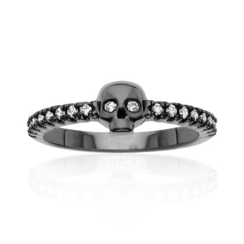 Skull White Round Cut Diamond 925 Sterling Silver Engagement Black Rhodium Ring