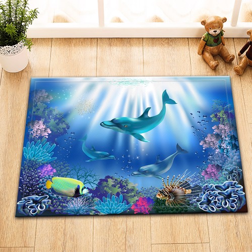 Underwater World Dolphins Fish Plants Pattern Shower Curtain Set Bathroom Decor