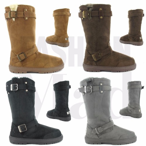 Ladies ELLA Faux Suede Fur Lined Tall Warm Winter Buckle Biker Snow Boots-Harley