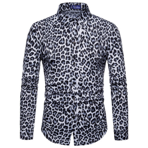 Men's fashion imprimé léopard chemises à manches longues Slim Fit Formal Stand col Tops 
