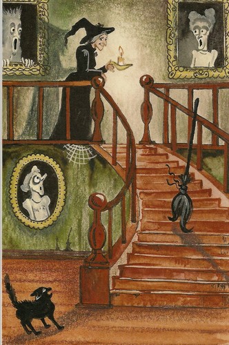 4X6 PRINT OF PAINTING HALLOWEEN VINTAGE STYLE FOLK RYTA WITCH BLACK CAT GHOSTS