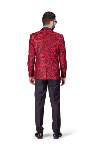 Slim Fit 1 Button Shawl Satin Collar Red  Floral Jacket Tuxedo Black Pants 7114