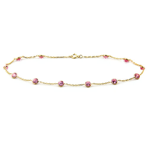 Handmade 14K Yellow Gold Anklet Bracelet With Pink Cubic Zirconia 9 Inches 