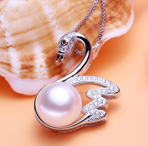 18" Sterling silver sea shell pearl crystal Swan pendant necklace gift box PE5 