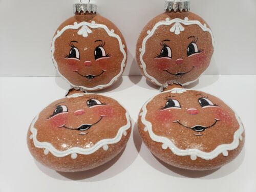 4 Gingerbread Faces Glitter Plastic Christmas Tree Ornaments Home Decor 4.5" 