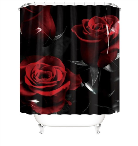 Rose Shower Curtain Thick Bathroom Rug Set Bath Mat Non-Slip Toilet Lid Cover