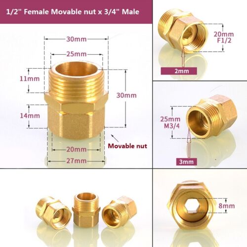 Brass1//2/" 3//4/" 1/"Male//Female Thread Movable nut Connector Joiner Fitting Adapter