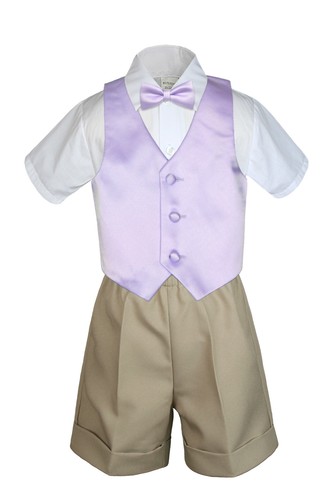 4pc Set Boy Toddler Formal Lilac Vest and Bow tie White Khaki Shorts S-4T