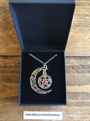 Pagan Gift Boxed Pentagram Moon Necklace Red Wiccan Mystical Silver