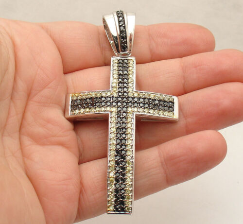 3" Bold Black Yellow CZ Bling Cross Pendant Real Solid 925 Sterling Silver 