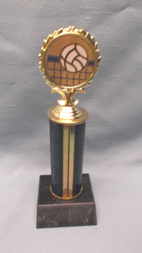 blue and gold volleyball insert trophy on black wood base