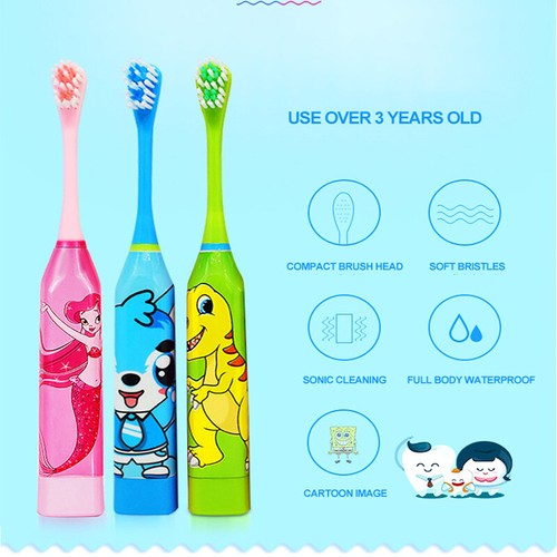 Kids Dental Oral Care Electric Toothbrush Ultrasonic Waterproof 2 Brush Heads