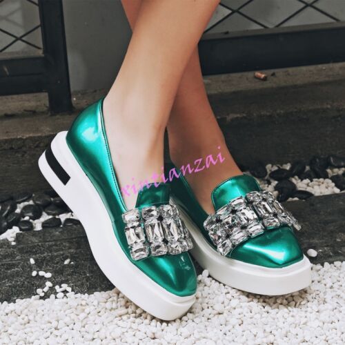 Femme Luxe Strass creepers plateforme brillant Mocassins Sneaker Chaussures Talon Bas