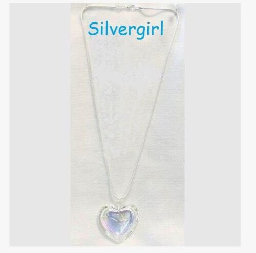 Sterling Silver OR Gold Plated Chain Shimmery Large Puff AB Glass Heart Necklace 
