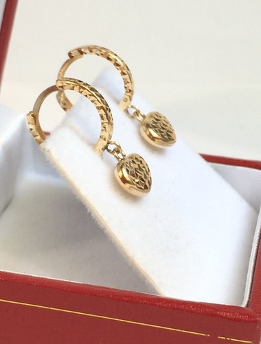 Diamond Cut 1.25 g 18k solide or jaune Mignon Coeur Dangle Boucles d/'oreilles créoles